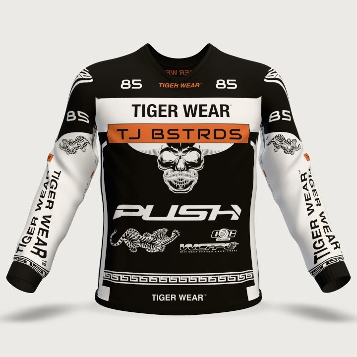 TJBSTRDS 2025 jersey with white sleeves, orange chest banner and skull artwork